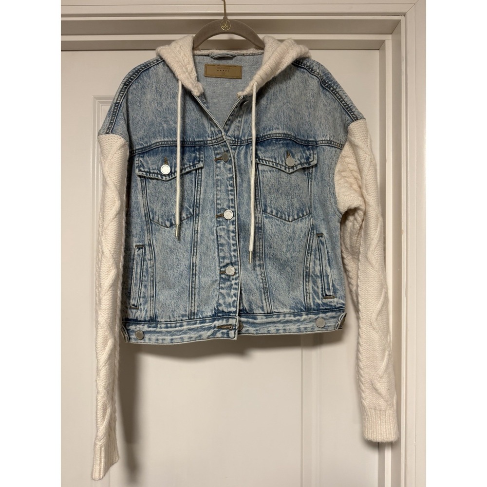 [BLANKNYC] denim jacket w/cable-knit sleeves &‎ hood, Womens Size XS